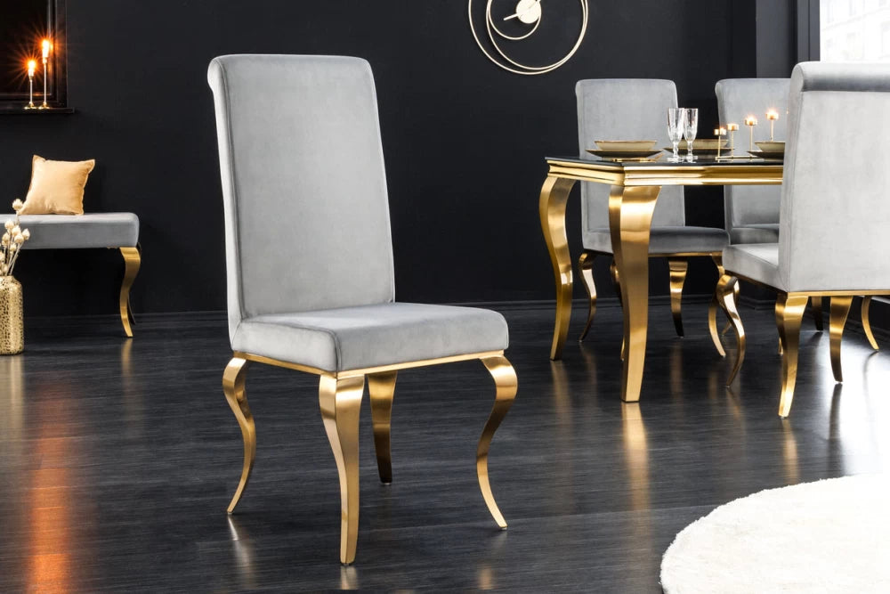 Set 2 scaune tapitat cu Catifea Gri si picioare din Otel inoxidabil Auriu H104xL45xA64cm Modern barock