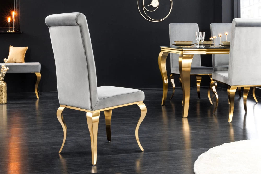 Set 2 scaune tapitat cu Catifea Gri si picioare din Otel inoxidabil Auriu H104xL45xA64cm Modern barock