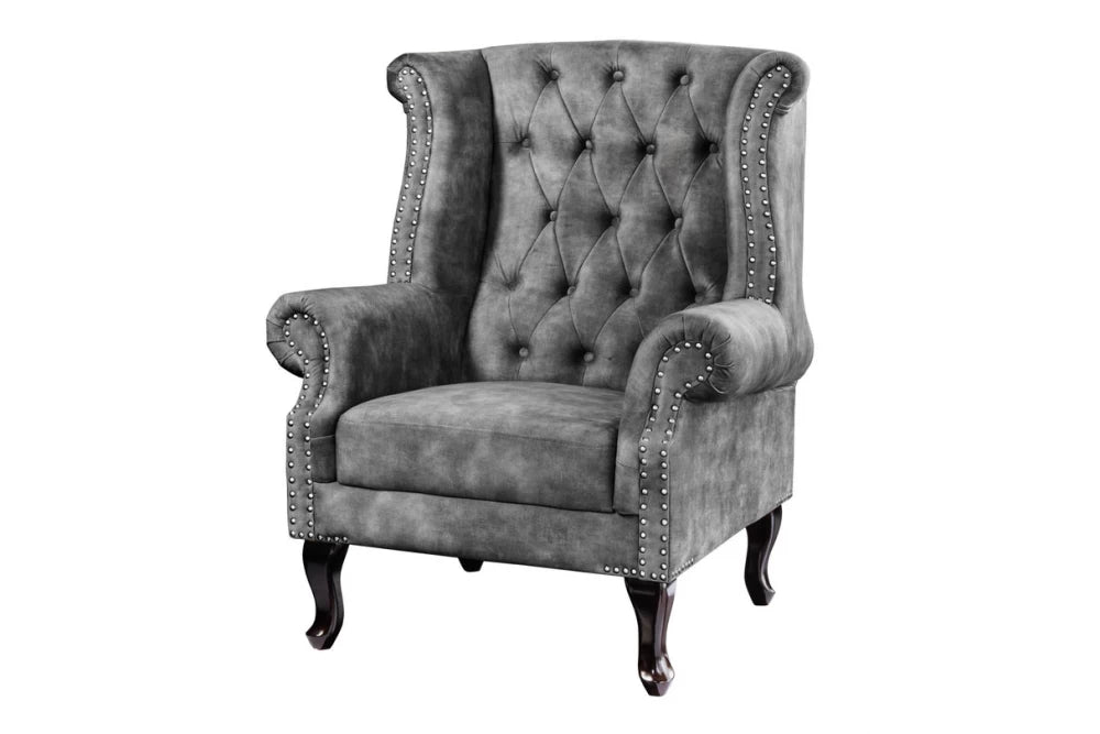 Fotoliu tapitat cu Microfibra Gri si picioare din Lemn de pin Maro inchis H105xL85xA75cm Chesterfield