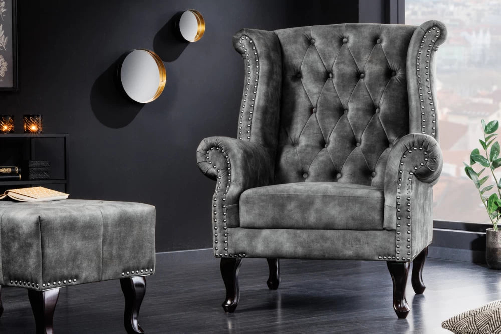 Fotoliu tapitat cu Microfibra Gri si picioare din Lemn de pin Maro inchis H105xL85xA75cm Chesterfield