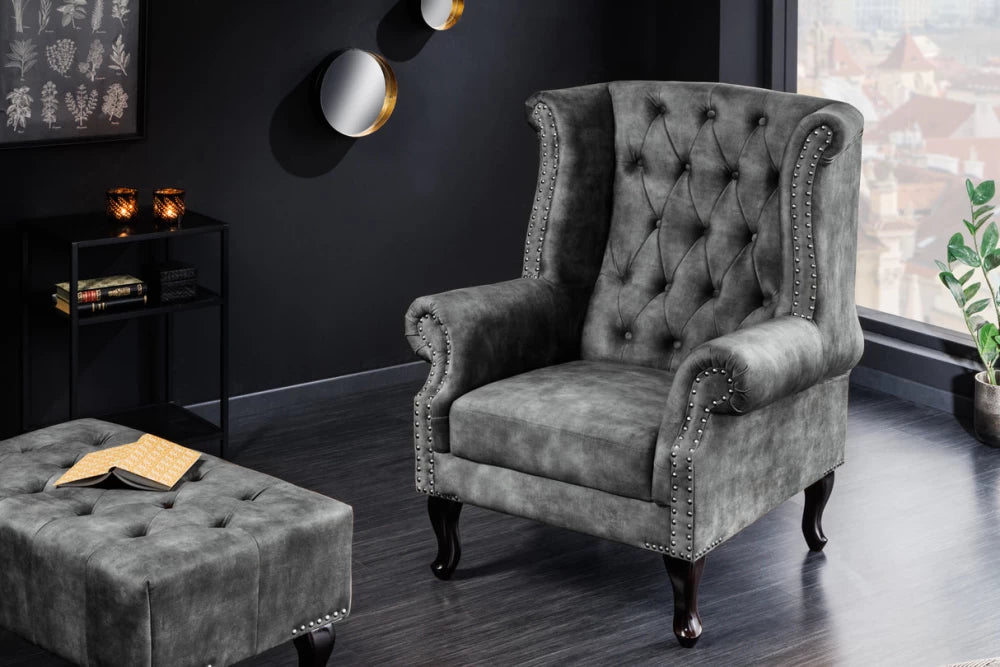 Fotoliu tapitat cu Microfibra Gri si picioare din Lemn de pin Maro inchis H105xL85xA75cm Chesterfield