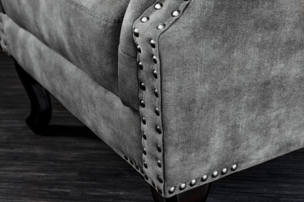 Fotoliu tapitat cu Microfibra Gri si picioare din Lemn de pin Maro inchis H105xL85xA75cm Chesterfield