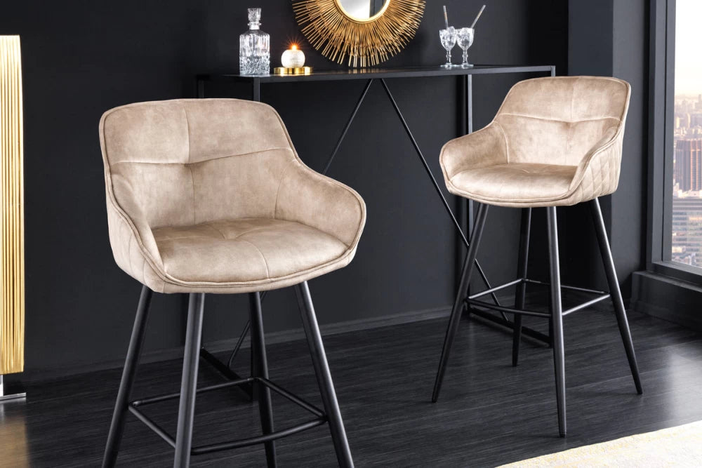 Set 2 scaune de bar tapitat cu Catifea Bej si picioare din Metal Negru H105xL58xA53cm Euphoria