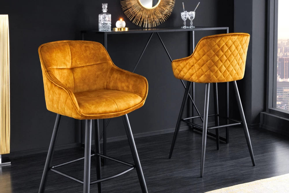 Set 2 scaune de bar tapitat cu Catifea Galben si picioare din Metal Negru H105xL58xA53cm Euphoria