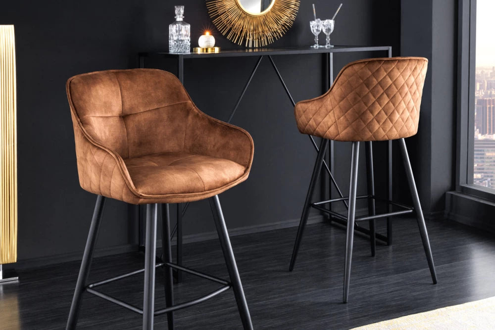 Set 2 scaune de bar tapitat cu Catifea Maro si picioare din Metal Negru H105xL58xA53cm Euphoria