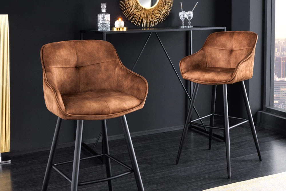 Set 2 scaune de bar tapitat cu Catifea Maro si picioare din Metal Negru H105xL58xA53cm Euphoria