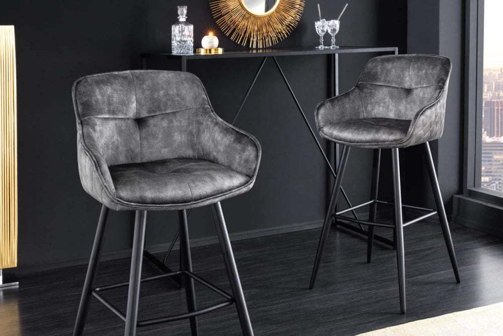 Set 2 scaune de bar tapitat cu Catifea Gri si picioare din Metal Negru H105xL58xA53cm Euphoria