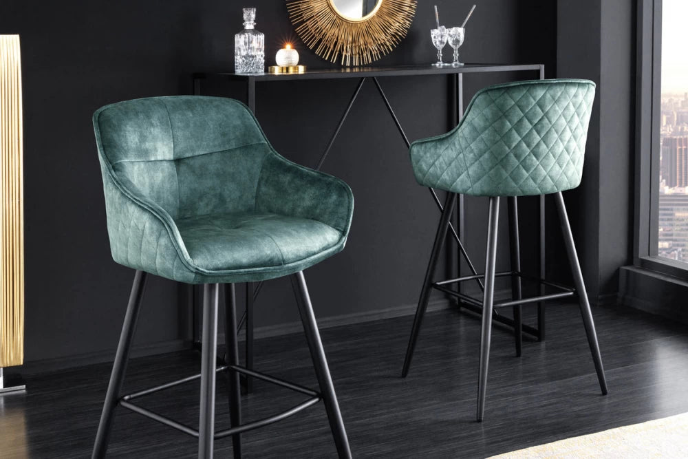 Set 2 scaune de bar tapitat cu Catifea Turcoaz si picioare din Metal Negru H105xL58xA53cm Euphoria