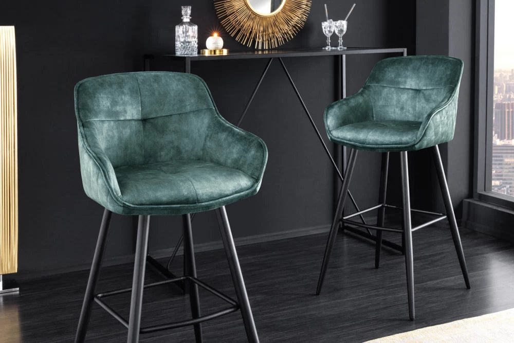 Set 2 scaune de bar tapitat cu Catifea Turcoaz si picioare din Metal Negru H105xL58xA53cm Euphoria