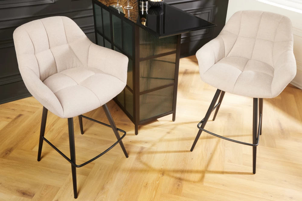 Set 2 scaune rotative de bar tapitat cu Stofa Bej sampanie si picioare din Metal Negru H106xL62xA60cm Papillon
