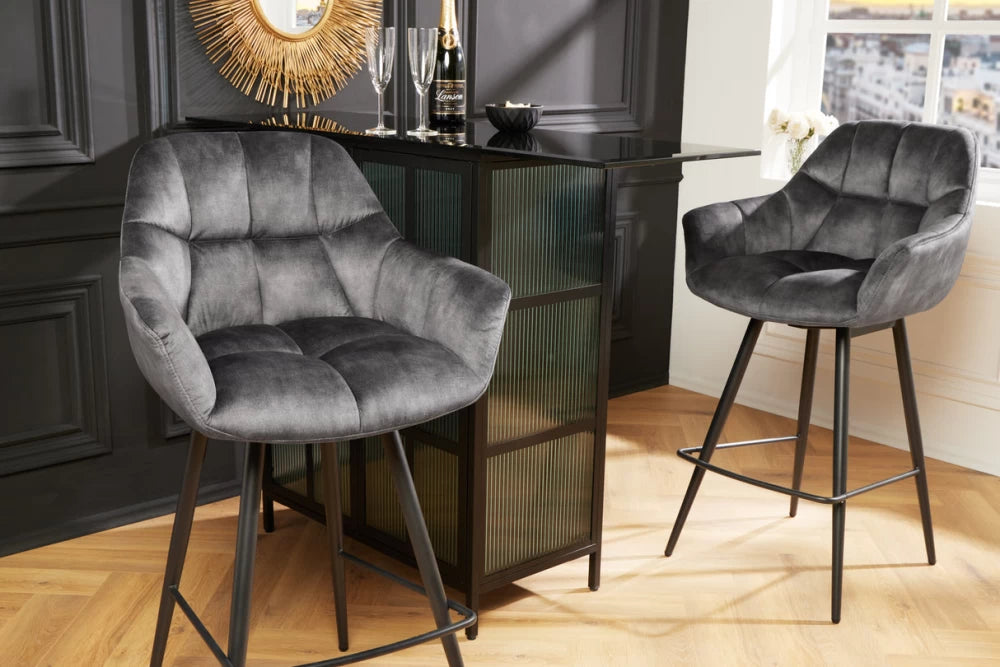 Set 2 scaune rotative de bar tapitat cu Catifea Gri si picioare din Metal Negru H106xL62xA60cm Papillon