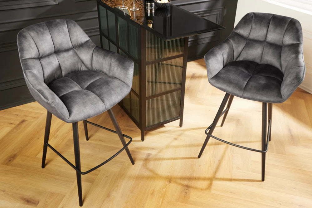 Set 2 scaune rotative de bar tapitat cu Catifea Gri si picioare din Metal Negru H106xL62xA60cm Papillon