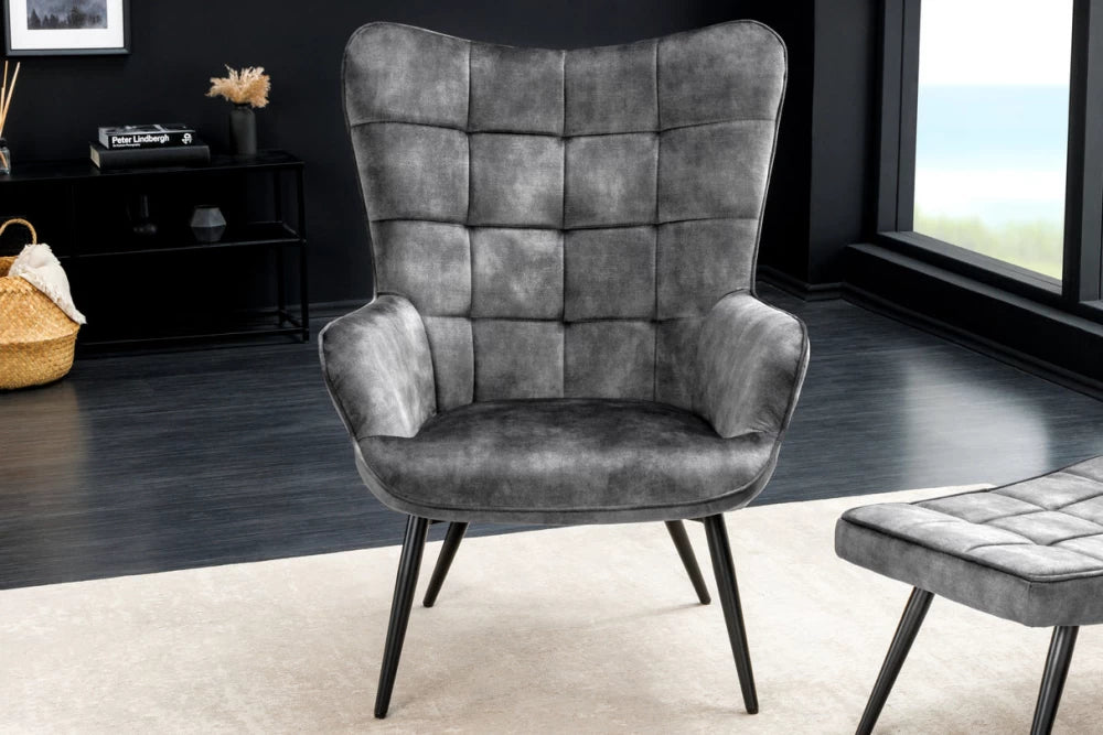Fotoliu tapitat cu Catifea Gri si picioare din Metal Negru H98xL73xA78cm Scandinavia