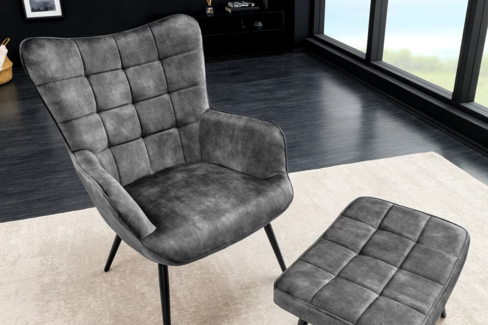 Fotoliu tapitat cu Catifea Gri si picioare din Metal Negru H98xL73xA78cm Scandinavia