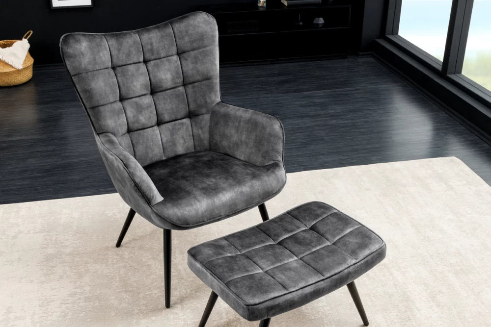 Fotoliu tapitat cu Catifea Gri si picioare din Metal Negru H98xL73xA78cm Scandinavia