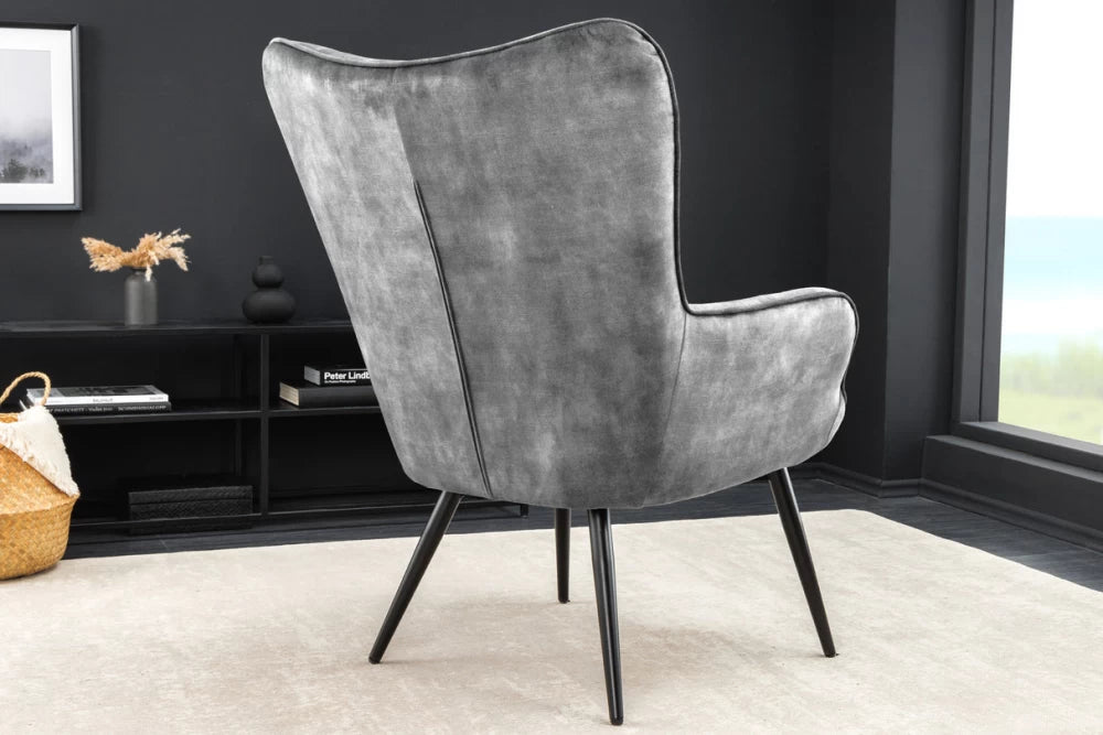Fotoliu tapitat cu Catifea Gri si picioare din Metal Negru H98xL73xA78cm Scandinavia