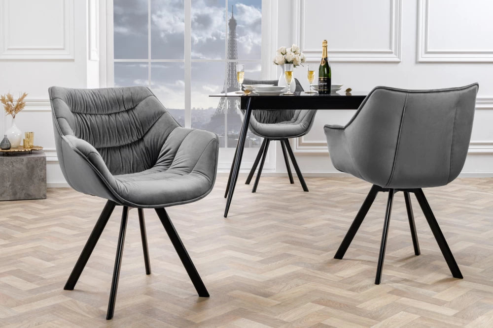 Scaun rotativ cu brate tapitat cu Catifea Gri si picioare din Metal Negru H81xL68xA66cm The dutch comfort