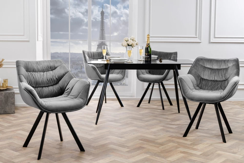 Scaun rotativ cu brate tapitat cu Catifea Gri si picioare din Metal Negru H81xL68xA66cm The dutch comfort