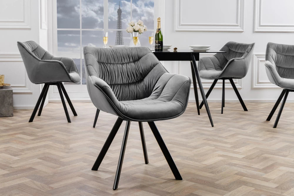 Scaun rotativ cu brate tapitat cu Catifea Gri si picioare din Metal Negru H81xL68xA66cm The dutch comfort
