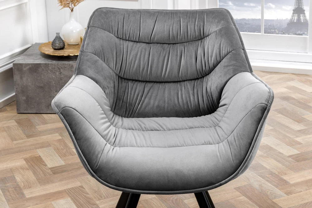 Scaun rotativ cu brate tapitat cu Catifea Gri si picioare din Metal Negru H81xL68xA66cm The dutch comfort