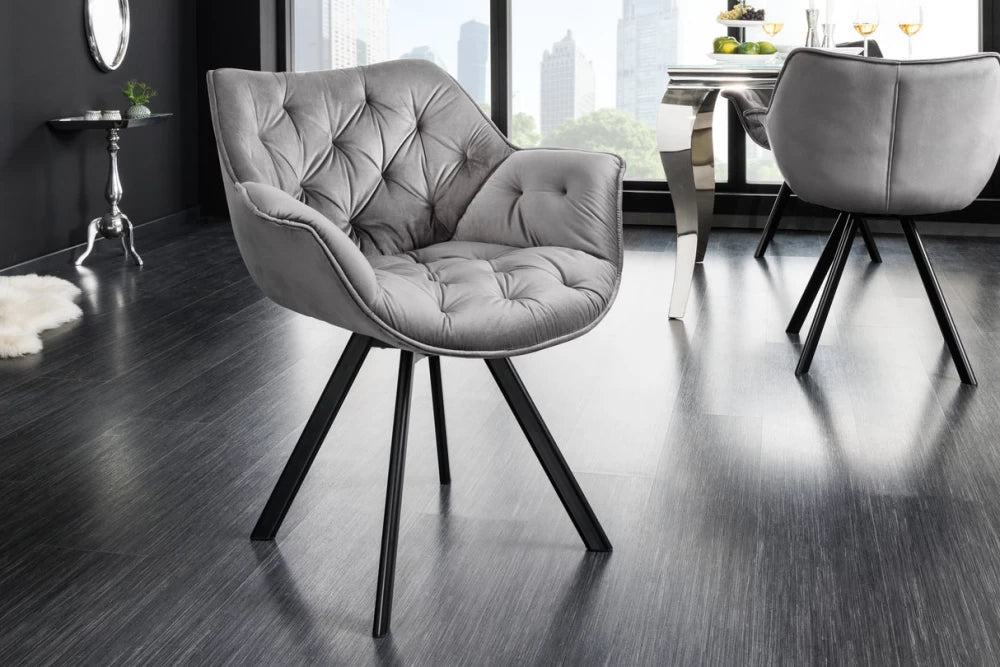 Scaun rotativ cu brate tapitat cu Catifea Gri si picioare din Metal Negru H81xL68xA66cm The dutch comfort I