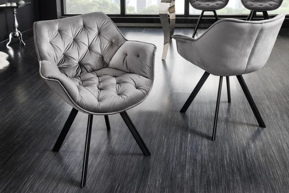 Scaun rotativ cu brate tapitat cu Catifea Gri si picioare din Metal Negru H81xL68xA66cm The dutch comfort I