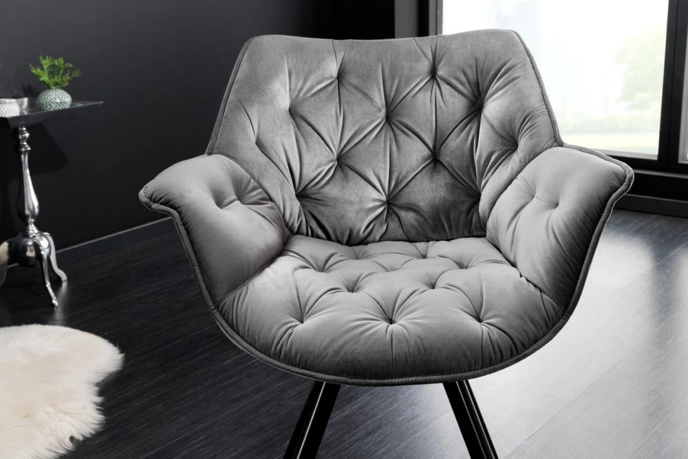 Scaun rotativ cu brate tapitat cu Catifea Gri si picioare din Metal Negru H81xL68xA66cm The dutch comfort I