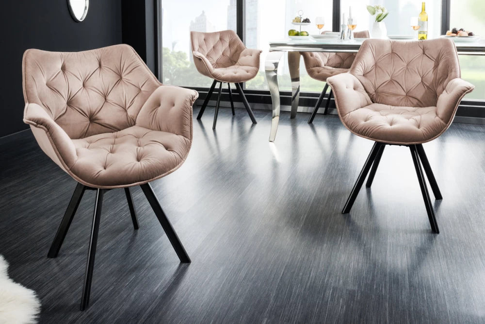 Scaun rotativ cu brate tapitat cu Catifea Bej si picioare din Metal Negru H81xL68xA66cm The dutch comfort I