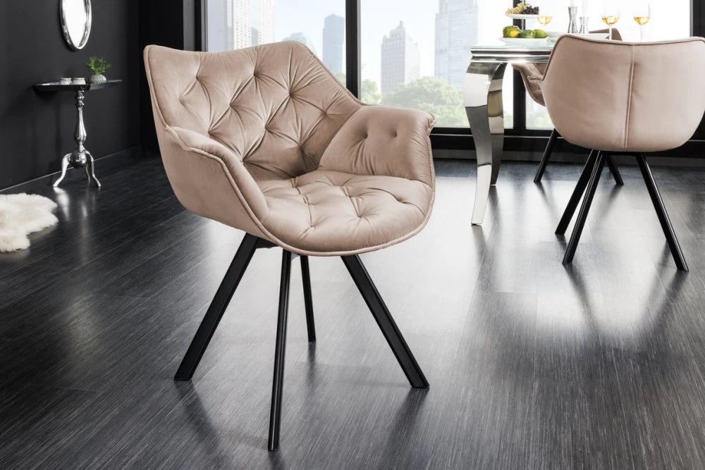 Scaun rotativ cu brate tapitat cu Catifea Bej si picioare din Metal Negru H81xL68xA66cm The dutch comfort I