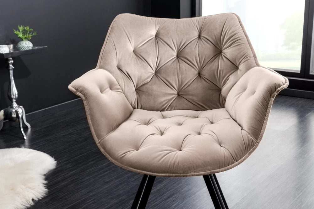 Scaun rotativ cu brate tapitat cu Catifea Bej si picioare din Metal Negru H81xL68xA66cm The dutch comfort I