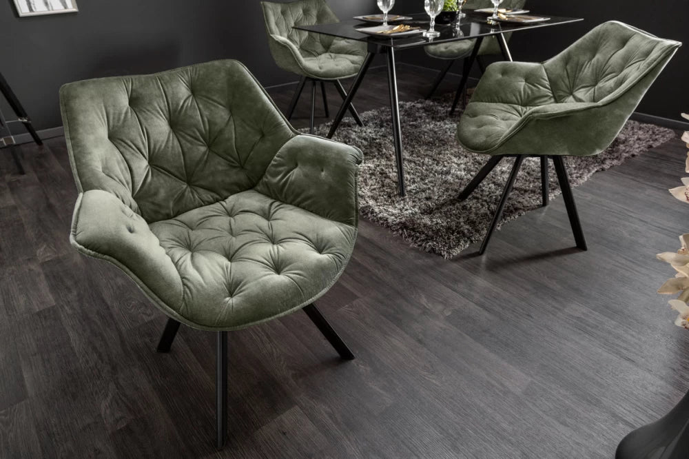 Scaun rotativ cu brate tapitat cu Catifea Verde si picioare din Metal Negru H81xL68xA66cm The dutch comfort I