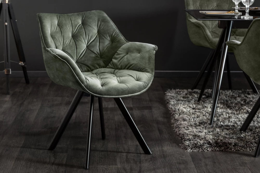 Scaun rotativ cu brate tapitat cu Catifea Verde si picioare din Metal Negru H81xL68xA66cm The dutch comfort I