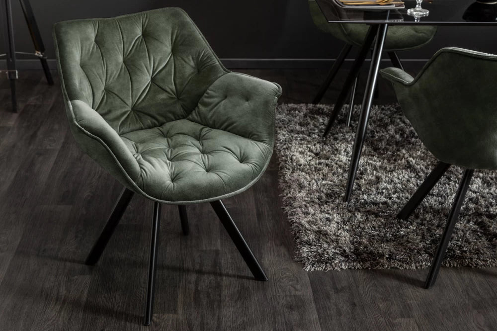 Scaun rotativ cu brate tapitat cu Catifea Verde si picioare din Metal Negru H81xL68xA66cm The dutch comfort I
