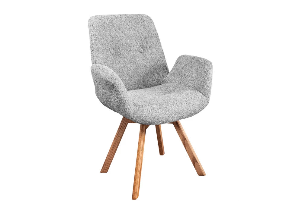 Set 2 scaune rotative cu brate tapitat cu Stofa boucle Gri si picioare din Lemn de stejar Maro H86xL61xA63cm Baltic