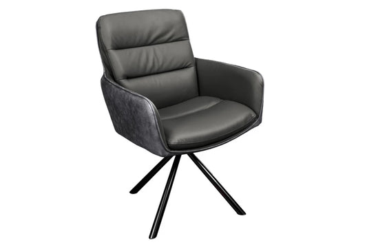 Scaun rotativ cu brate tapitat cu Piele naturala/Microfibra Gri si picioare din Metal Negru H89xL58xA67cm George