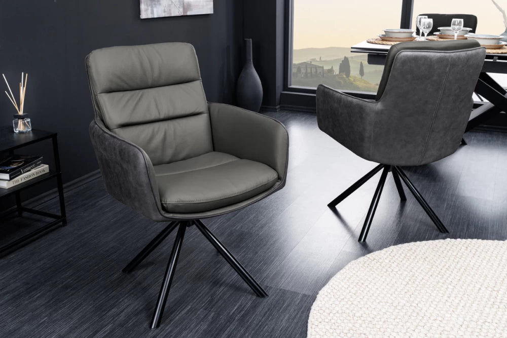 Scaun rotativ cu brate tapitat cu Piele naturala/Microfibra Gri si picioare din Metal Negru H89xL58xA67cm George