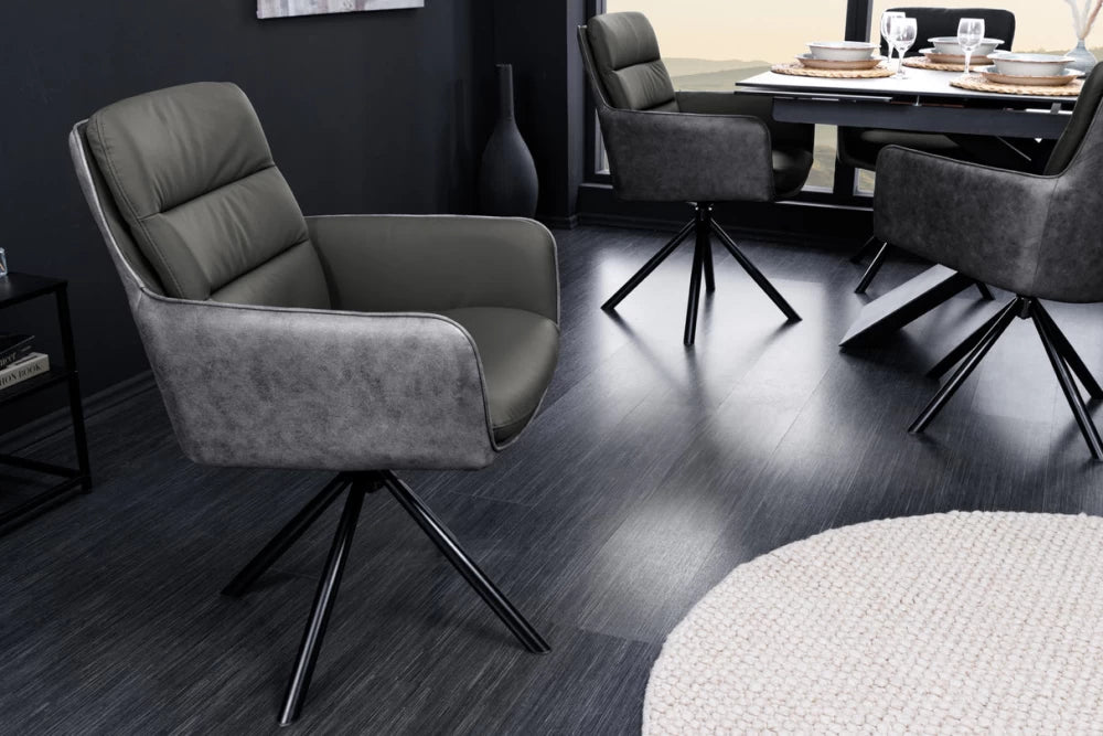 Scaun rotativ cu brate tapitat cu Piele naturala/Microfibra Gri si picioare din Metal Negru H89xL58xA67cm George