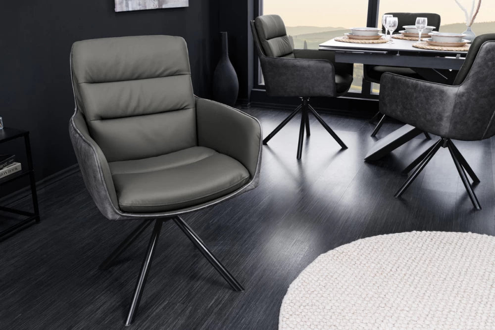 Scaun rotativ cu brate tapitat cu Piele naturala/Microfibra Gri si picioare din Metal Negru H89xL58xA67cm George