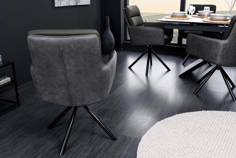 Scaun rotativ cu brate tapitat cu Piele naturala/Microfibra Gri si picioare din Metal Negru H89xL58xA67cm George