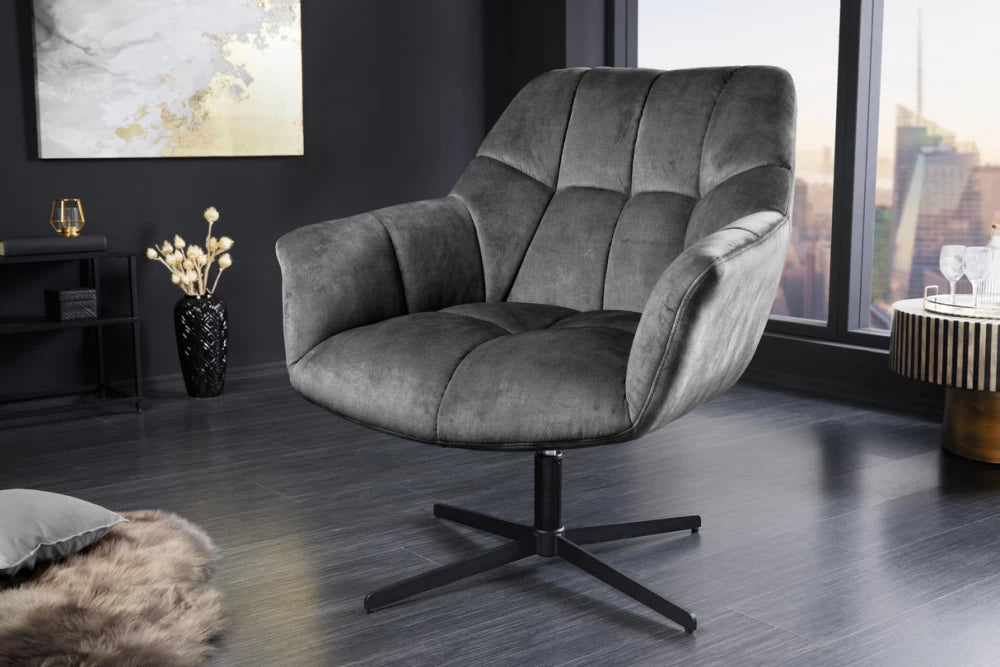 Fotoliu rotativ tapitat cu Catifea Gri si picioare din Metal Negru/Argintiu H83-90xL76xA80cm Papillon