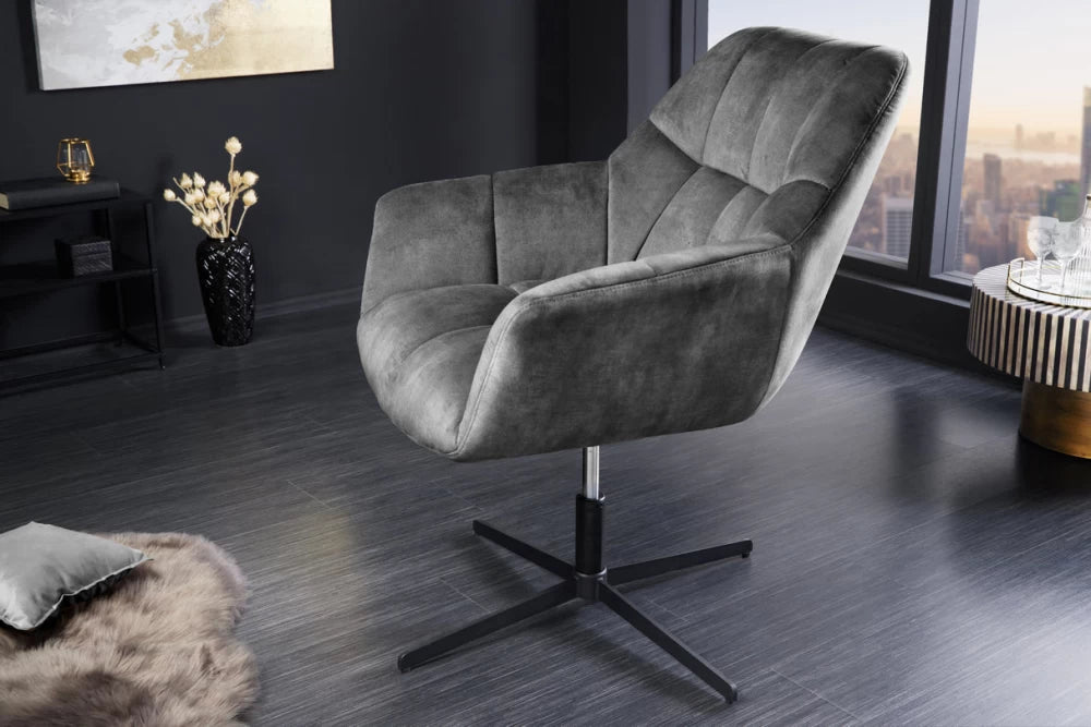 Fotoliu rotativ tapitat cu Catifea Gri si picioare din Metal Negru/Argintiu H83-90xL76xA80cm Papillon