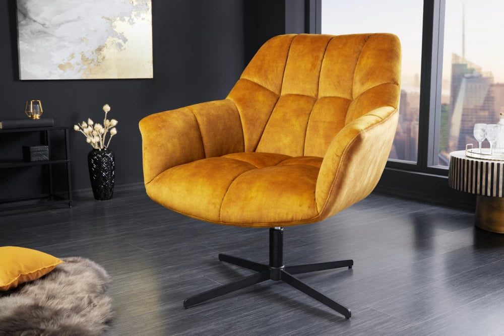 Fotoliu rotativ tapitat cu Catifea Galben si picioare din Metal Negru/Argintiu H83-90xL76xA80cm Papillon