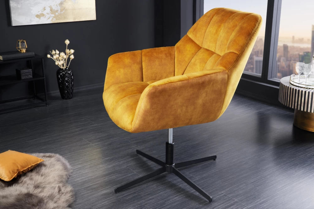 Fotoliu rotativ tapitat cu Catifea Galben si picioare din Metal Negru/Argintiu H83-90xL76xA80cm Papillon