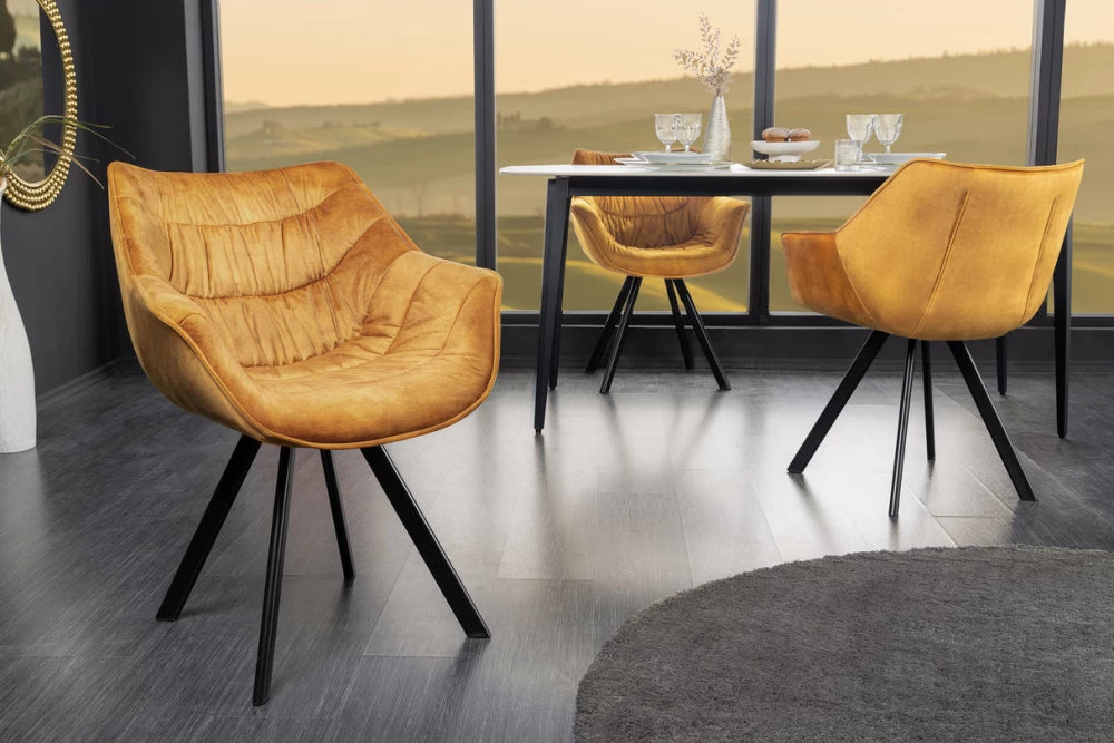 Set 2 scaune cu brate tapitat cu Catifea Galben si picioare din Metal Negru H82xL63xA64cm The dutch comfort