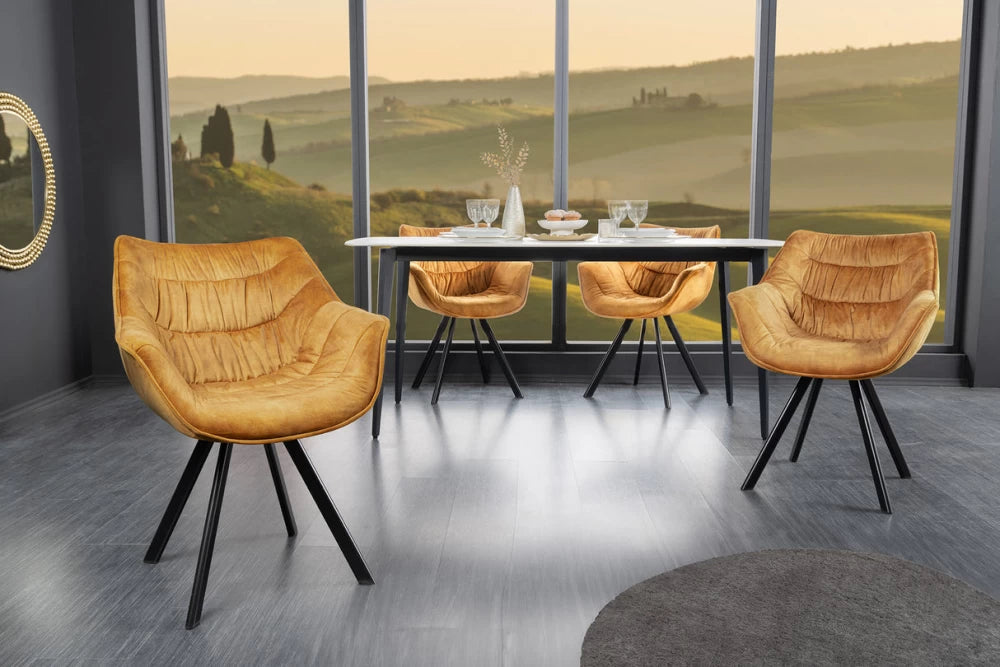 Set 2 scaune cu brate tapitat cu Catifea Galben si picioare din Metal Negru H82xL63xA64cm The dutch comfort