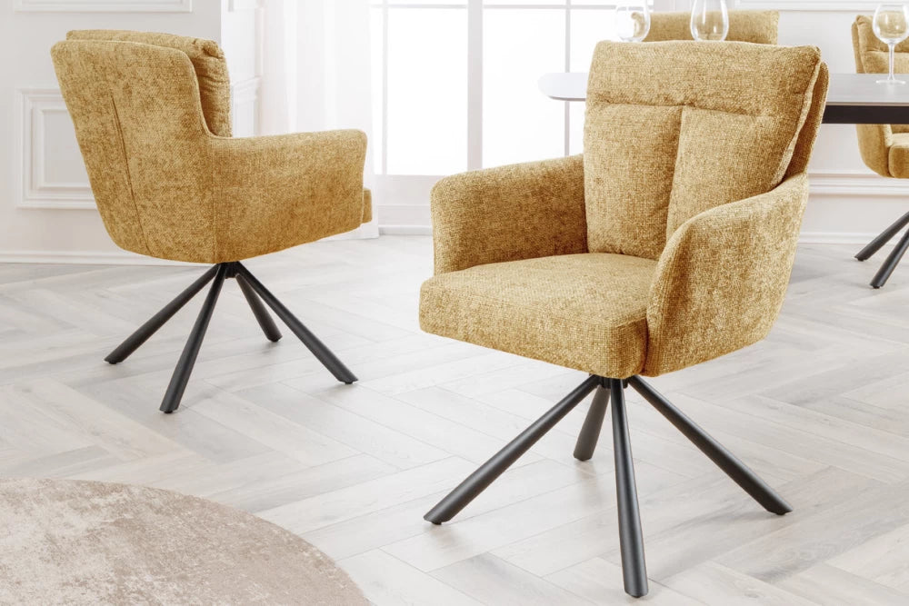 Set 2 scaune rotative cu brate  tapitat cu Stofa Galben si picioare din Metal Negru H93xL59xA68cm Big george