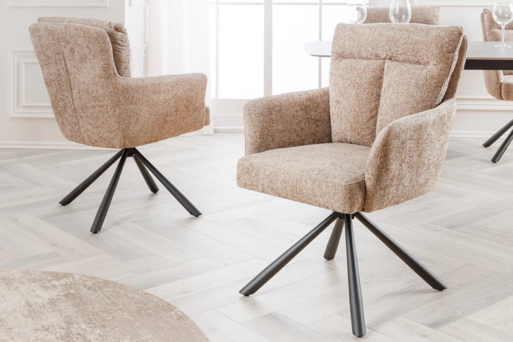 Set 2 scaune rotative cu brate tapitat cu Stofa Bej si picioare din Metal Negru H93xL59xA68cm Big george