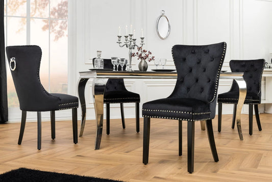 Set 2 scaune tapitat cu Catifea Negru si picioare din Lemn Negru H95xL52xA64cm Castle
