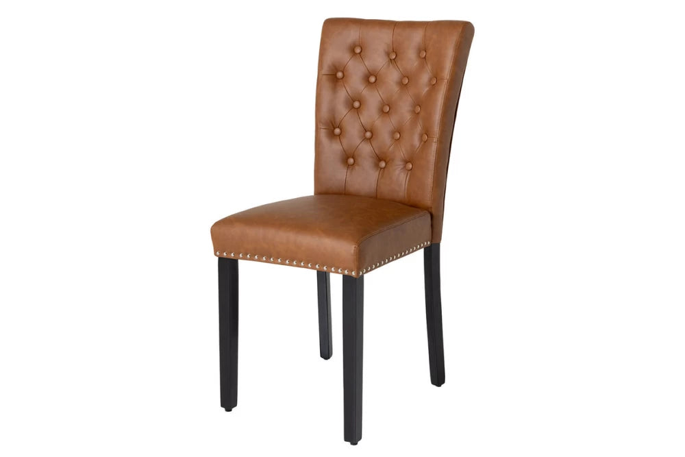 Set 2 scaune tapitat cu Piele artificiala Maro si picioare din Lemn Negru H95xL46xA63cm Castle