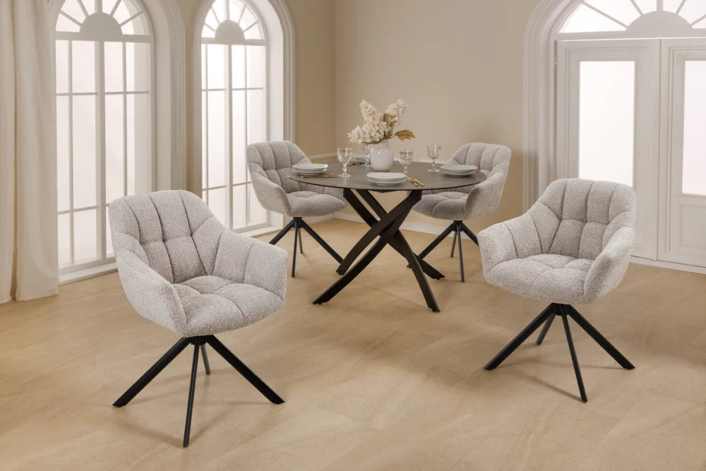 Set 2 scaune rotative cu brate  tapitat cu Stofa boucle Bej si picioare din Metal Negru H83xL65xA66cm Papillon
